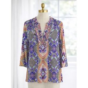 Beach Swim Vibrant Coverup Blouse Semi Sheer Beaded V Neck Tunic Shirt Size M